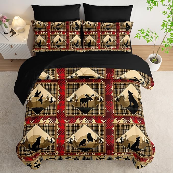 7 Piece Red Bed in A Bag Boho Comforter Set King Size，King Bedding Sets 7 Pieces Deer/Elk/Bear，(1 Comforter, 1 Flat Sheet, 1 Fitted Sheet, 2 Pillowcase and 2 Pillow Sham)