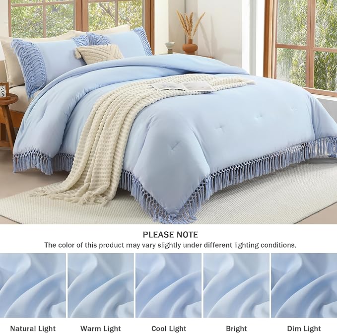 Andency Light Blue Comforter Set California King, 3 Pieces Boho Cal King Tassel Lightweight Soft Bedding Comforter Sets, Oversized Bed Set (104x96In Comforter & 2 Pillowcases)
