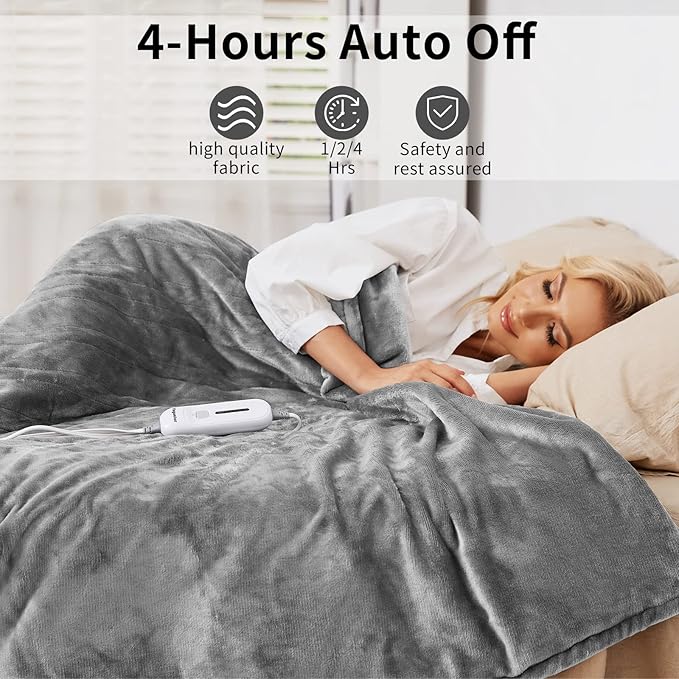 Vagueior Electric Heated Blanket Full Size 50'' x 60'',Extra-Warm Lightweight Cozy Luxury ElectricBlanket Machine Washable with 3 Heating Levels Auto-Off Machine Washable,ETL Certification - Grey