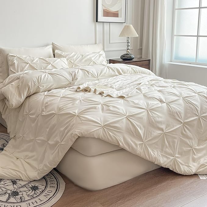 Maple&Stone Full Size Comforter Sets, 7 Pieces Bedding Sets Full, Pintuck Bed in a Bag Bed Set with Comforter, Sheets, Pillowcases & Shams - Cream