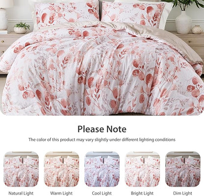 Lightweight Seersucker Botanical Comforter Set King Size, Reversible Design with Striped Print, Premium Microfiber Bedding Set, Comforter and Sham Set, Pink