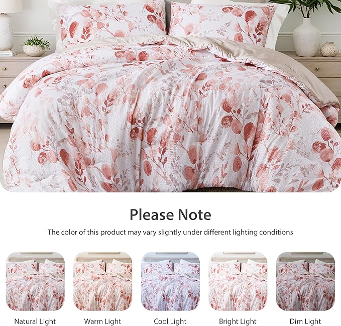 Lightweight Seersucker Botanical Comforter Set Queen Size, Reversible Design with Striped Print, Premium Microfiber Bedding Set, Comforter and Sham Set, Pink