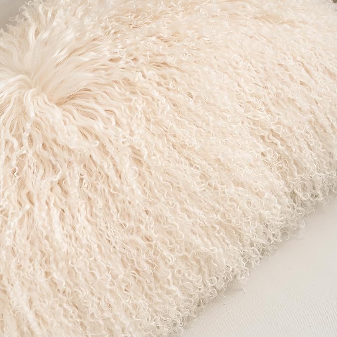 Genuine Mongolian Lamb Fur Pillow Cover – 12"x20" Rectangular Cushion Case – Soft Curly Wool Decorative Accent for Sofa, Bed, or Chair (Beige)