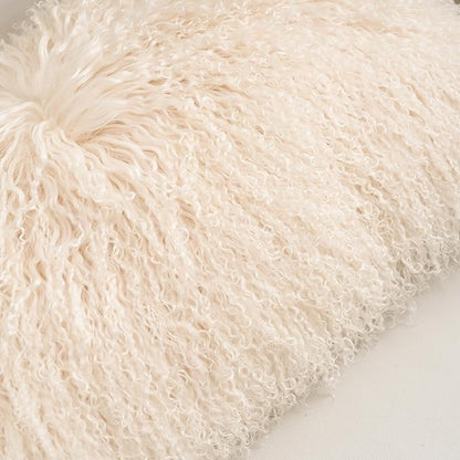 Genuine Mongolian Lamb Fur Pillow Cover – 12"x20" Rectangular Cushion Case – Soft Curly Wool Decorative Accent for Sofa, Bed, or Chair (Beige)