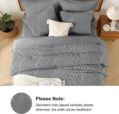 Litanika King Size Comforter Set with Sheets Medium Gray - 7 Pieces Bed in a Bag King Chevron Tufted Complete Bedding Sets with Comforter, Sheets, Pillowcases & Shams