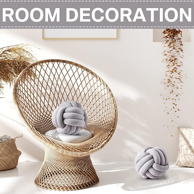 Namalu 2 Pcs Soft Knot Pillow Ball, Decorative Round Throw Knotted Pillows Cushion, Handmade Stuffed Ball Pillows for Winter Bedroom Sofa Couch Home Decor(10.6 Inches,Light Gray)