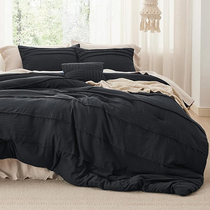 Bedsure California King Comforter Set - 4 Pieces Pinch Pleat Bed Set, Black Boho Bedding for All Season, 1 Soft Comforter, 2 Pillowcases, 1 Decorative Pillow