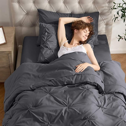 Nestl Twin Comforter Set 5 Piece - Pintuck Twin Bedding Set Dark Grey, College Dorm Room Essentials for Girls and Boys Bed in a Bag Twin All Season, Twin Comforter Set with Sheets, Pillowcase and Sham