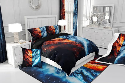 Manfei Dragon Bedding Comforter Sets Full,Western Exotic Animal Ice and Fire Bedding Set for Bedroom Decoration,Wildlife Retro Dragon with 1 Comforter and 2 Pillow Cases Bedroom Decor