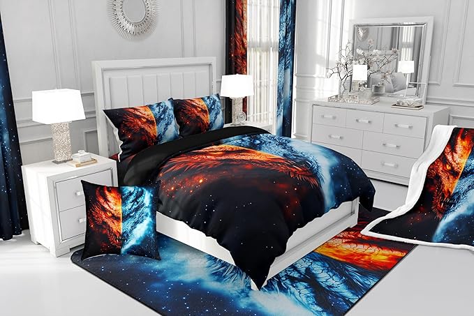 Manfei Dragon Bedding Comforter Sets Toddler,Western Exotic Animal Ice and Fire Bedding Set for Bedroom Decoration,Wildlife Retro Dragon with 1 Comforter and 1 Pillow Case Bedroom Decor