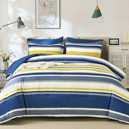 WONGS BEDDING Blue Comforter King Size Set, 7 Pieces Bed in a Bag Blue and Yellow Comforter Set, Soft Boho Striped Bedding Sets with Sheets, Pillowcases & Shams