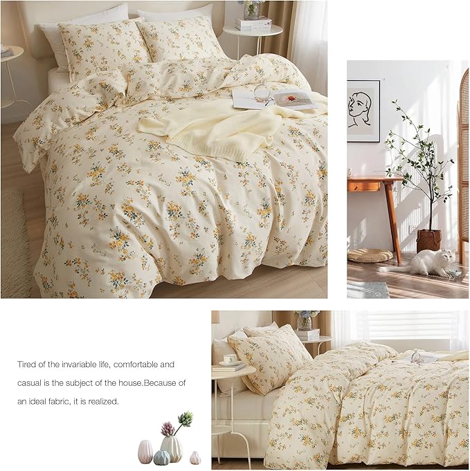 mixinni Yellow Floral Comforter Full Size Boho Flower Leaves Pattern Printed Bedding Sets Cute Floral Soft Fluffy Comforter with 2 Pillowcases, Botanical Bed Set for All Season-Full Size