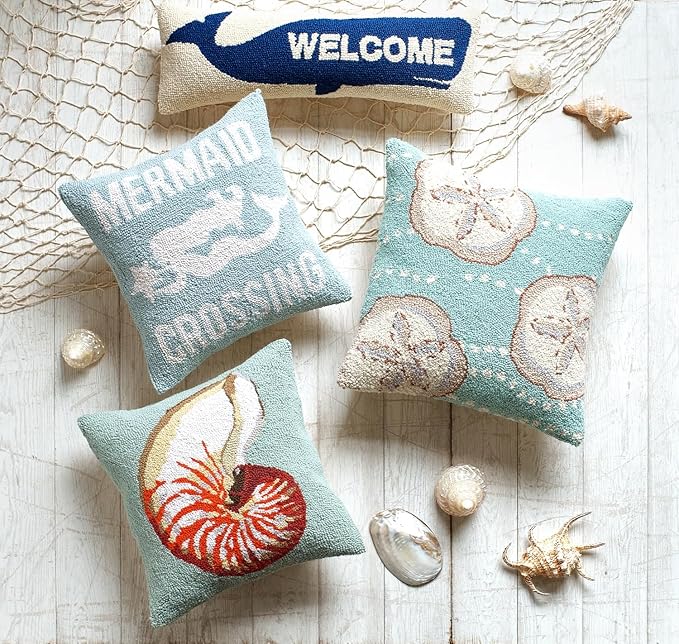 Mermaid Crossing Wool Hook Coastal Pillow by The Pillow Shoppe, 16" Square