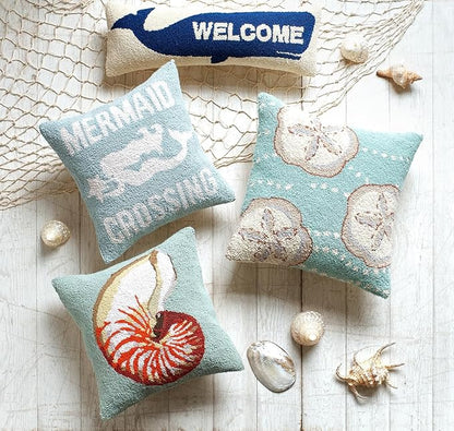 Mermaid Crossing Wool Hook Coastal Pillow by The Pillow Shoppe, 16" Square