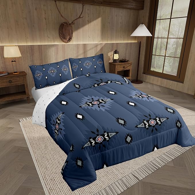 Feelyou Southwest Native Comforter Set Navy Blue Western Bedding Set Toddler Size for Kids Boys Girls Teens Room Decor Boho Geometric Tribal Comforter Soft Microfiber