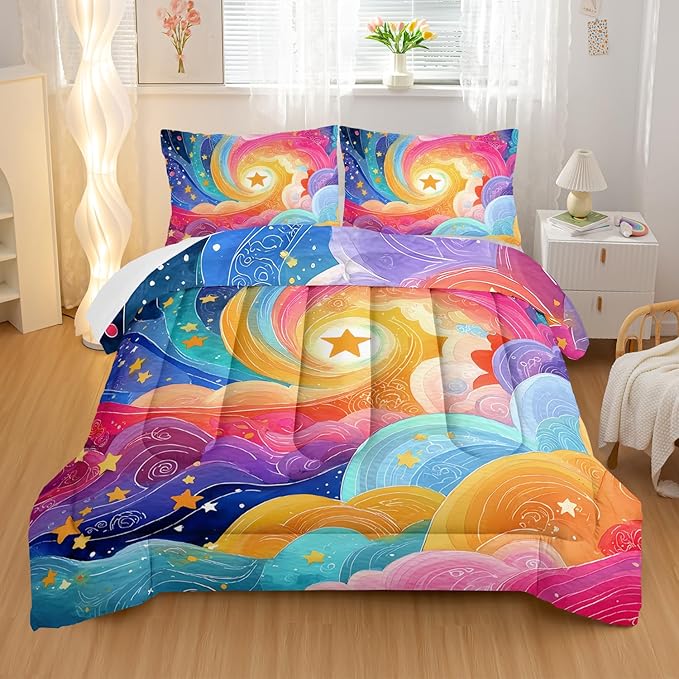 Watercolor Rainbow Pattern Comforter Modern Abstract Comforter Set,Rainbow Dreams Bedding Set Twin Size,Mordern Art Decor All Season Lightweight Soft Microfiber with 2 Pillow Shams