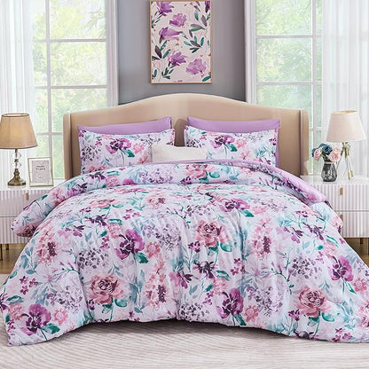 Luxudecor Floral Comforter Set King Size 7 Pieces Bed in a Bag, Purple Flower Watercolor Bed Set, Soft Comforter with Sheet Set 104"x90"