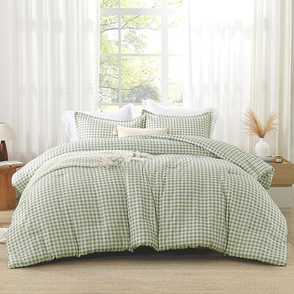 Andency Sage Checkered Comforter King(104x90Inch), Plaid Gingham Buffalo Grid Bedding Comforter Sets for Boys Kids Teens, 3 Pieces Lightweight Microfiber Geometric Preppy Bed Set
