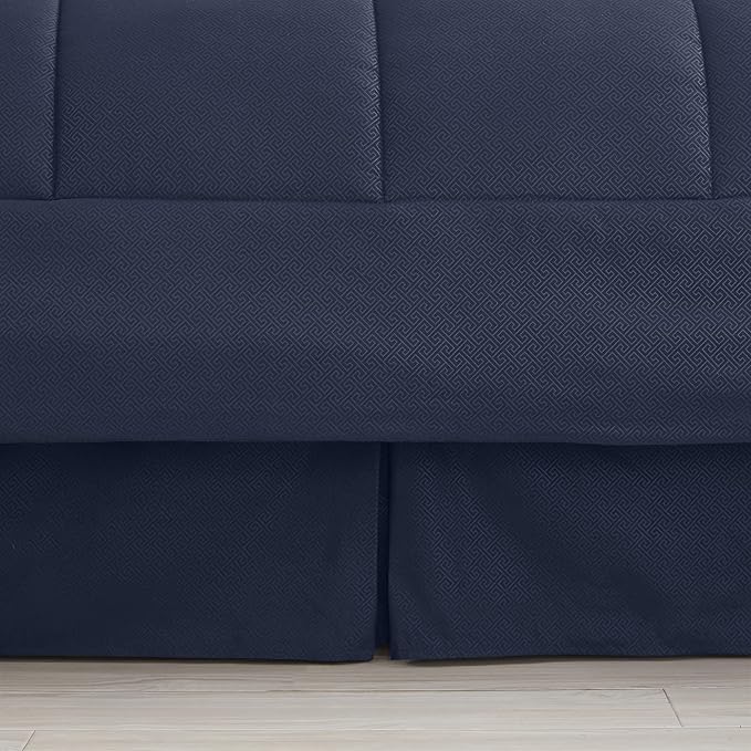 Queen Comforter Set 8 Piece Bed in a Bag with Bed Skirt, Fitted Sheet, Flat Sheet, 2 Pillowcases, 2 Pillow Shams, Queen, Greek Key Navy