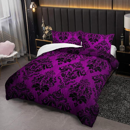Violet Gothic Floral Print Comforter Set Twin Size,Vintage Damask Floral Bedding Set,Bohemian Exotic Printed Quilted Set for Teens Adult,with 1 Comforter and 2 Pillow Case