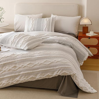 Luxlovery Boho White Comforter Set Twin Teens Kids Farmhouse White Black Jacquard Bedding Set Bohemian Country Blanket Quilts Durable Soft Breathable 3PCS Comforter Set Twin Bed