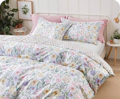 SLEEPBELLA Queen Size Comforter Set Yellow & Pink & Blue Flowers Botanical Pattern Printed on White 100% Cotton Fabric, Ultra Soft Microfiber Inner Fill 3Pcs Bedding Set
