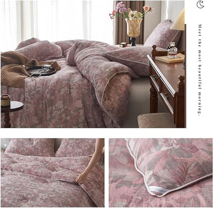 MKXI Double Layer Muslin Cotton Comforter Set Farmhouse Old Pink Floral Comforter Full Size Shabby Chic Bedding Comforter Set Soft Breathable French Country Bed Comforter for All Season
