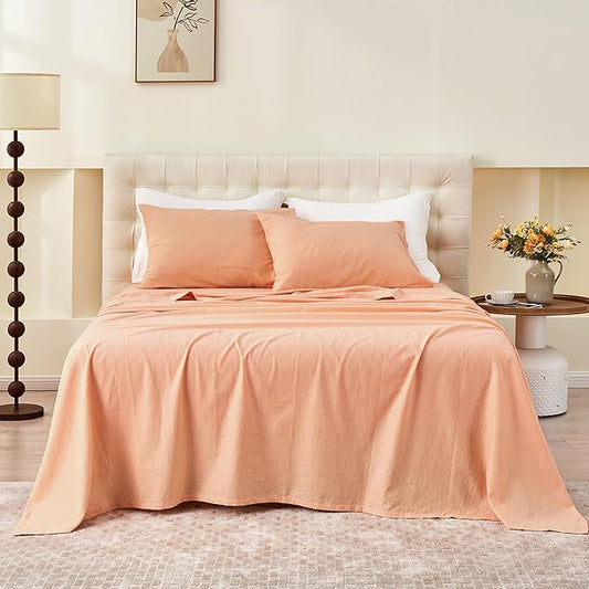 Simple&Opulence Belgian Linen Sheet Set Solid Color - 4 Pieces (1 Flat Sheet & 1 Fitted Sheet & 2 Pillowcases) Natural Flax Cotton Blend Soft Bedding Breathable Farmhouse - Peach, Full Size