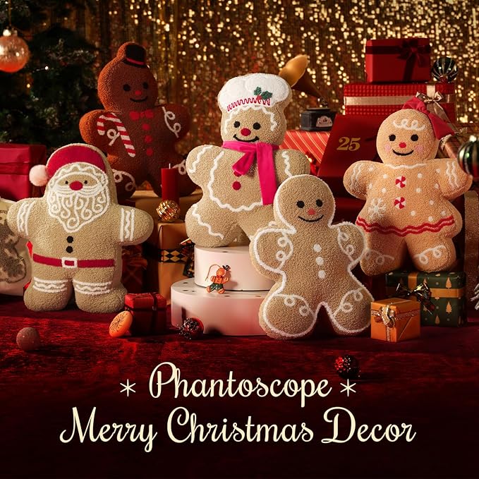Phantoscope Gingerbread Merry Christmas Throw Pillow, Plush Teddy Xmas Gingerbread Shaped Pillows with Chef Hat & Scarf, Christmas Decorative Pillow for Couch Living Room Bed, Beige, 20 x 13.5 inches