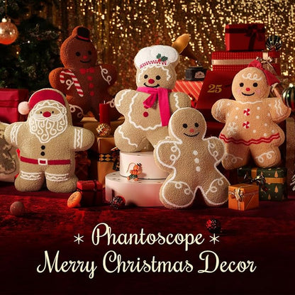 Phantoscope Gingerbread Merry Christmas Throw Pillow, Plush Teddy Xmas Gingerbread Shaped Pillows with Chef Hat & Scarf, Christmas Decorative Pillow for Couch Living Room Bed, Beige, 20 x 13.5 inches