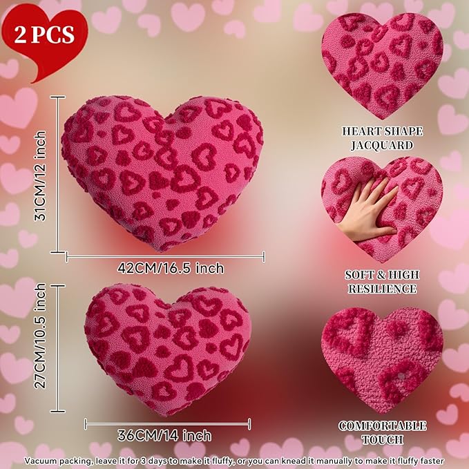 Lanpn Valentines Day Heart Pillows 2Pcs, Love Heart Shaped Pillow Plush Throw Pillow Heart Decorative Cushion for Holiday Home Couch Bed Sofa Valentine's Day Decor (Hot Pink, 16.5x12in/14x10.5in)