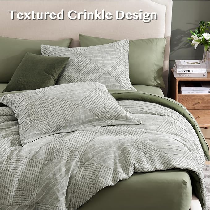MaiRêve Full Size Comforter Set Crinkle Textured, Light Olive Green Diamond Boho Bedding Set 7 Pieces Bed in A Bag, All Season Geometric Comforter Set with Sheets, Pillowcases & Shams
