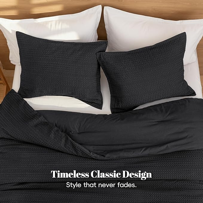 PHF Soft Waffle Comforter Set Queen Size- Comfy Breathable Waffle Weave Comforter with 2 Pillow Shams, 3 Pieces Less Snagging Lightweight Textured Bedding Set for All Season, Black