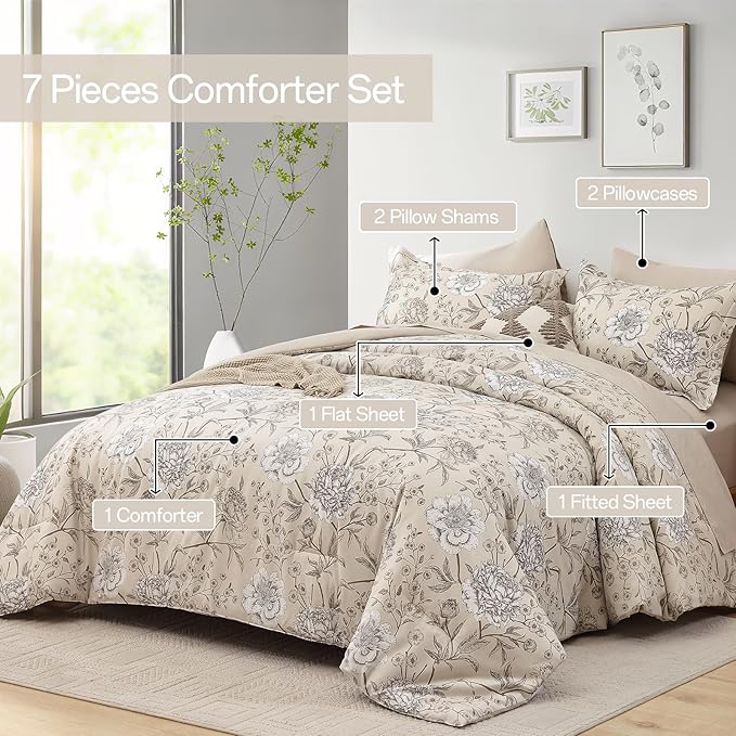 Yiran 7 Piece Bed in a Bag Queen Size Comforter Set Beige White Floral Bedding Set,Leaves Botanical Soft Microfiber Comforter with 2 Pillowcases 2 Pillow Shams 1 Flat Sheet 1 Fitted Sheet 90"×90"