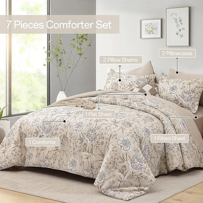 Yiran 7 Piece Bed in a Bag Queen Size Comforter Set Beige White Floral Bedding Set,Leaves Botanical Soft Microfiber Comforter with 2 Pillowcases 2 Pillow Shams 1 Flat Sheet 1 Fitted Sheet 90"×90"