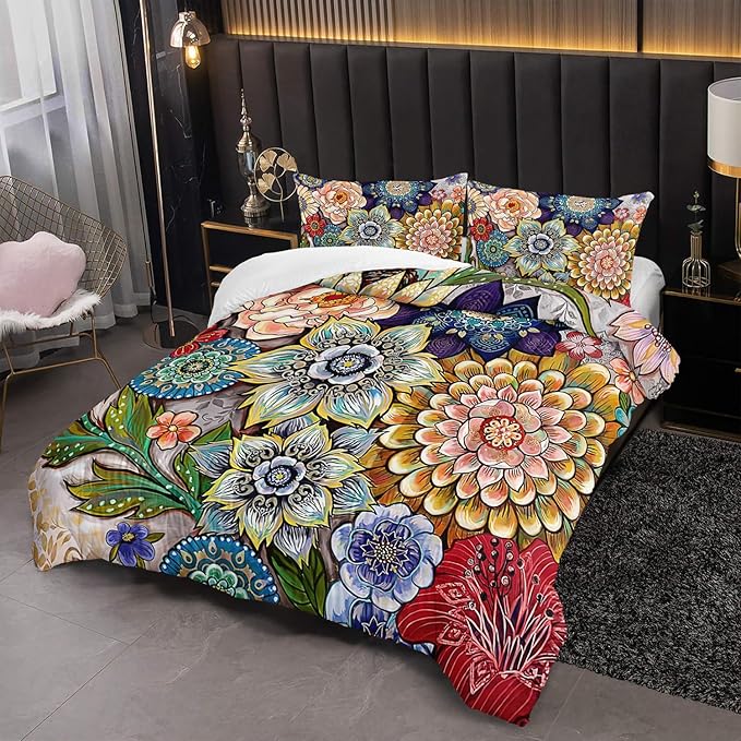3 Piece Boho Floral Bedding Set,Colorful Flowers Comforter Set,Bohemian Reversible Down Alternative Bed Sets,Twin Size Soft Microfiber Flower Duvet Vintage Bedding in a Bag for Women Men