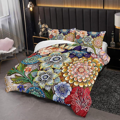 3 Piece Boho Floral Bedding Set,Colorful Flowers Comforter Set,Bohemian Reversible Down Alternative Bed Sets,Twin Size Soft Microfiber Flower Duvet Vintage Bedding in a Bag for Women Men