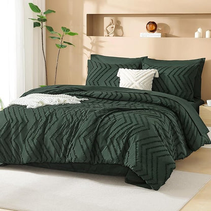 Litanika Forest Green California King Size Comforter Set with Sheets - 7 Pieces Bed in a Bag King Boho Tufted Complete Beddding Sets with Comforter, Sheets, Pillowcases & Shams