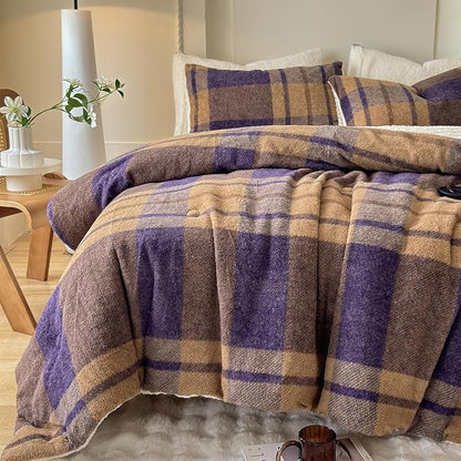 Cyusri Plaid Sherpa Comforter Set 3Pcs Fluffy Warm Fleece Down Alternative, Khaki Blue Grid Pattern Bedding Set with 2 Pillowcases, King Size 104"x90"