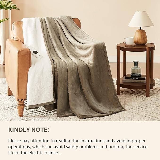Homemate Electric Heated Blanket King Size - 100"x90" Heating Blanket King Size Dual Control 1/2/4/6/8 Hours Auto-Off 10 Heat Level Over-Heat Protection Flannel Sherpa ETL Certification