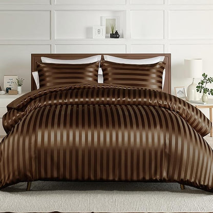 Whale Flotilla 3-Piece Reversible Silky Soft King Size Comforter Set, Luxury Stripe Satin Oversized Comforter Bedding Set with 2 Satin Pillowcases, Lightweight Duvet Set for All Seasons, Brown