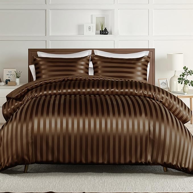 Whale Flotilla 3-Piece Reversible Silky Soft Queen Comforter Set, Luxury Stripe Satin Comforters Full Size Bedding Set with 2 Satin Pillowcases, Lightweight Duvet Set for All Seasons, Brown