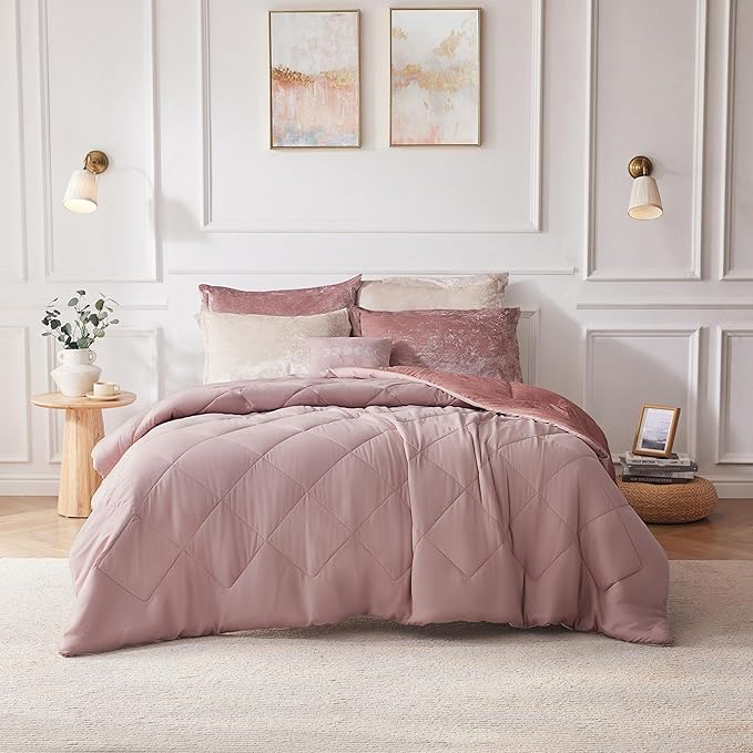 Intelligent Design King Comforter Set, Velvet Comforter Set , Luxury Diamond Quilting Comforter Set, Fluffy Comforter Bed Set with Decorative Pillowand 2 Shams, 4 Piece Pink, King/ Cal King
