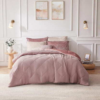 Intelligent Design Felicia Luxe Comforter Velvet Lush Double Sided Diamond Quilting, Modern All Season Bedding Set with Matching Sham, Decorative Pillow, Full/Queen(90"x90"), Blush 4 Piece