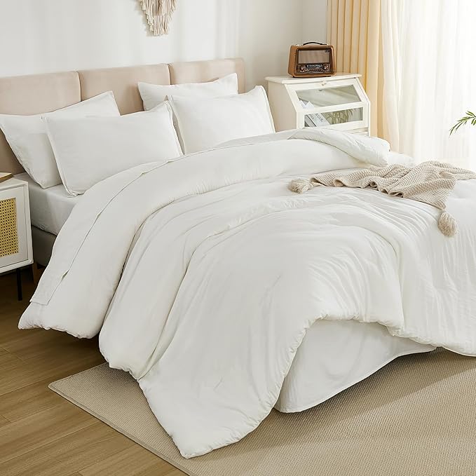 Litanika Super King Plus Comforter Sets Ivory - 7 Pieces Bed in a Bag Beddding Sets, Solid Lightweight Bed Set with Comforter, Sheets, Pillowcases & Shams