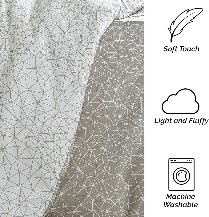 Southshore Fine Living, Inc. Cal King Lightweight Comforter Set with 2 Pillow Shams, Reversible Bedding Set - Geometric Print - Alternative Down Comforter for California/King Bed, Taupe & White
