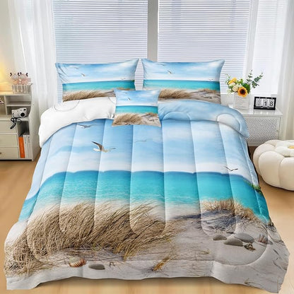 MOVE OVER Blue Ocean Bedding Set Beach Themed Comforter Set Queen Size 4 Pcs White Seagull and Seaside Rocks Seascape Pattern Blue Island Scenery Coastal Bedding Sets Ocean Beach Bedding Sets