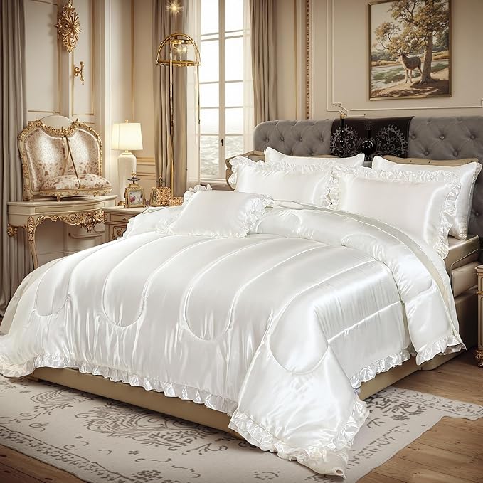 Silk Like Satin Comforter Set with Sheet Set Queen 8 Pcs White Satin Bedding Set Silky Ruffle Pattern Home Deocr Luxury Hotel Silky Bed in a Bag with 1 Cushion Cover