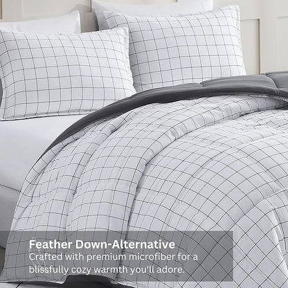 Casa Platino Queen Comforter Set - Pre-Washed Duvet Insert & 2 Pillow Shams - Brushed Microfiber Windowpane