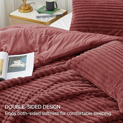 BEDELITE Fleece California King Comforter Set -Super Soft & Warm Fluffy Burgundy Bedding, Luxury Fuzzy Heavy Bed Set for Winter with 2 Pillow Cases